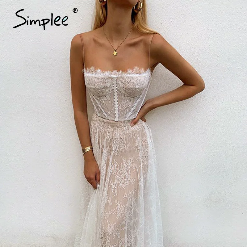 Simplee white lace summer women maxi dress spaghetti strap backless plus size dress Stylish Pleated A-Line Maxi Dress