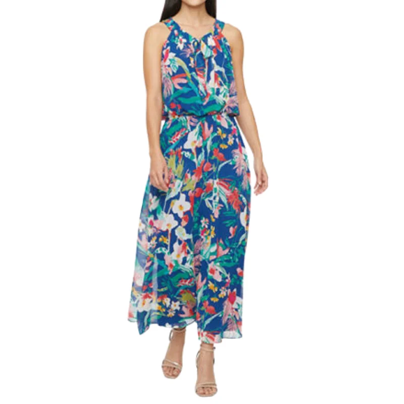 STUDIO ONE - Sleeveless Floral Maxi Dress Elegant Lace-Up Maxi Dress