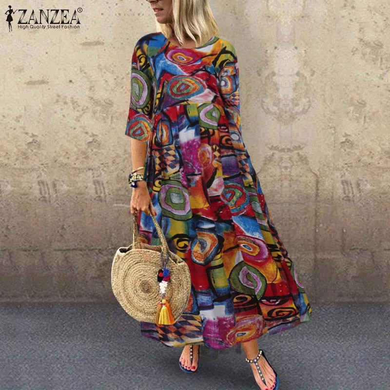 Summer Bohemian Printed ZANZEA Long Maxi Dresses Vintage Vestido Trendy Floral Print Maxi Dress