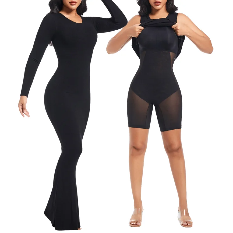 Shapewear Maxi Dress with Stylish Crew Neck | Built-in Shapewear Bra 8 in-1 Women Maxi Dress Chic Off-Shoulder Maxi Dress