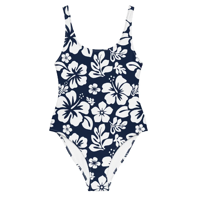 White Hawaiian Flowers on Navy Blue One-Piece Swimsuit Classic Two-Piece Bikini