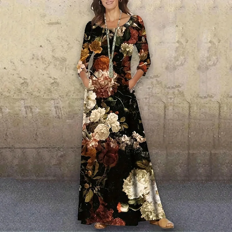 Women Fashion Casual Floral Printing Long Sleeve Maxi Dress Elegant Maxi Dress with Pockets