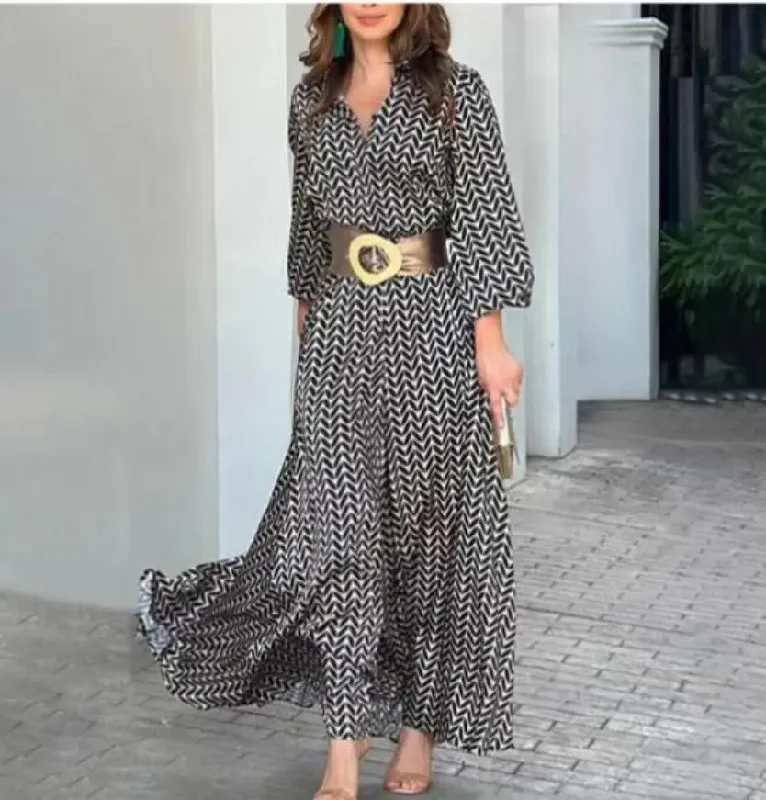 Women Ramadan /Eid Fashion Casual Small Tiny Flower V-Neck Lace-Up Long Sleeve Maxi Dress Elegant Maxi Dress with Slit