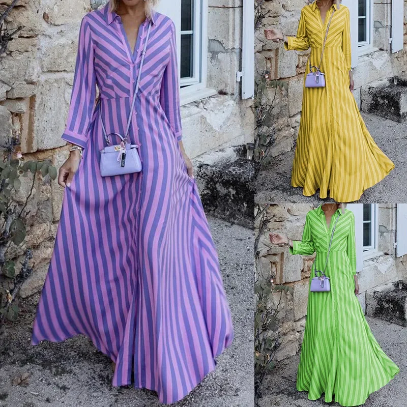 Women Ramadan /Eid Fashion Casual Stripe Long Sleeve Maxi Dress Chic Sleeveless Maxi Dress