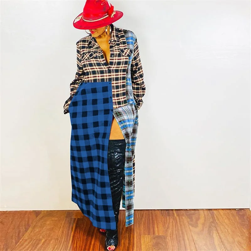 Women Fashion Color Blocking Plaid Printed Pachwork Maxi Dress Classic V-Neck Maxi Dress