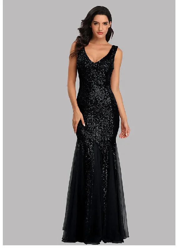 Women Fashion Sexy V Neck Mermaid Sequin Party Maxi Dress Comfortable Maxi Dress with Sleeves