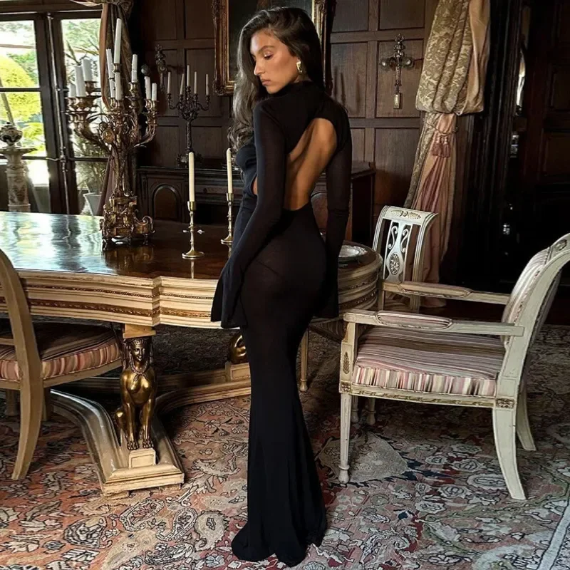 Women Sexy High Neck Long Sleeve Backless Bodycon Maxi Dress Elegant Maxi Dress with Drapes