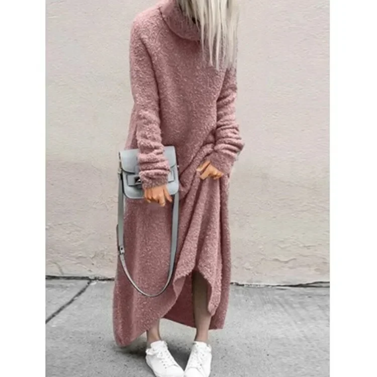 WomenAutumn And Winter Fashion Casual Plush Solid Color High Collar Long Sleeve Maxi Dress Fashionable Chiffon Maxi Dress