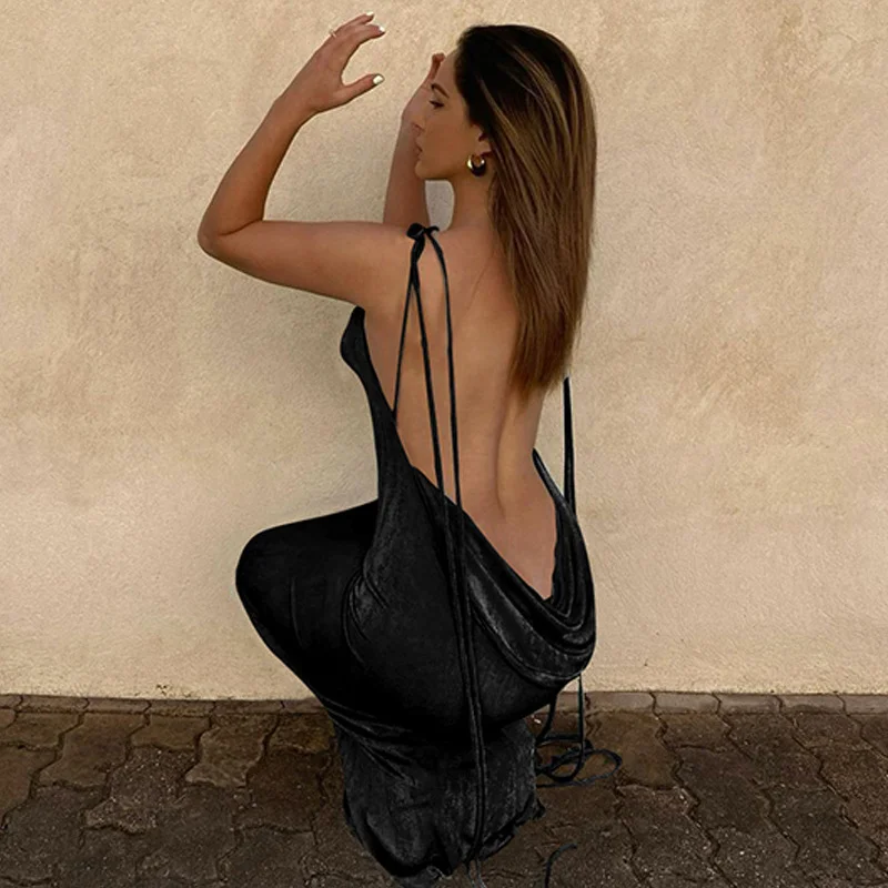 Women'S Fashion Sexy Backless Lace-Up Halter Neck Slim Maxi Dress Comfortable Plunging Neckline Maxi Dress