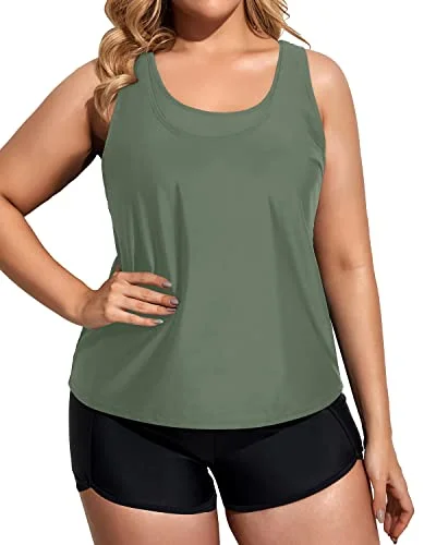 Scoop Neck Plus Size 3 Piece Tankini Set With Sports Bra & Boy Shorts For Women-Army Green And Black Sleek Mesh Bikini