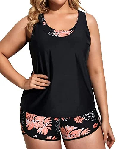 3 Piece Plus Size Tankini Swimsuits With Built In Padded Bra For Women-Black Orange Floral Adjustable Swim Top