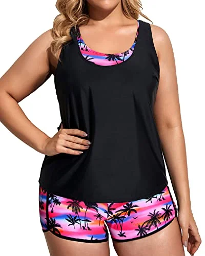 3 Piece Plus Size Tankini Swimsuits Tummy Control Effect For Women-Black Palm Tree Sporty Swimsuit Style