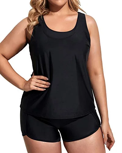 Women's Plus Size 3 Piece Tankini Swimsuit Athletic Bathing Suit With Boy Shorts-Black Timeless Black Bikini