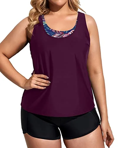 Scoop Neck Tankini Top Plus Size Sport Bra With Boy Shorts-Maroon Leaf Tropical Print Bikini