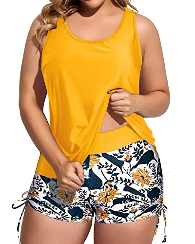 Loose Fit Plus Size 3 Piece Swimsuit With Sports Bra And Boy Shorts-Yellow Floral Chic Swimsuit Cover-Up