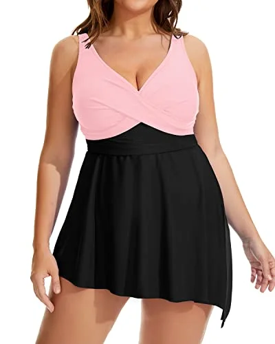 Adjustable Strap Plus Size Swim Dress Shorts For Women-Pink And Black Playful Pattern Swimsuit