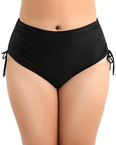 Women's Plus Size High Waist Swimsuit Bottom Side Ties-Black High-Waisted Swimwear