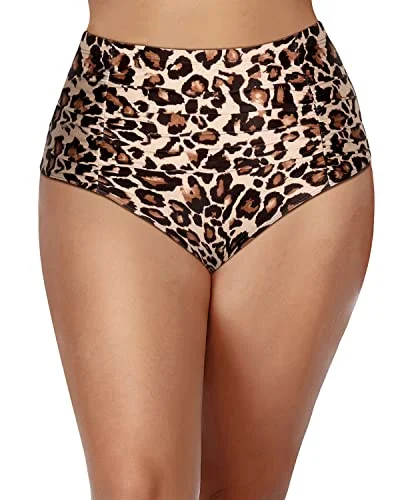 Flattering Plus Size Bikini Bottoms Retro Swim Shorts-Leopard Ruffled Swimsuit Top