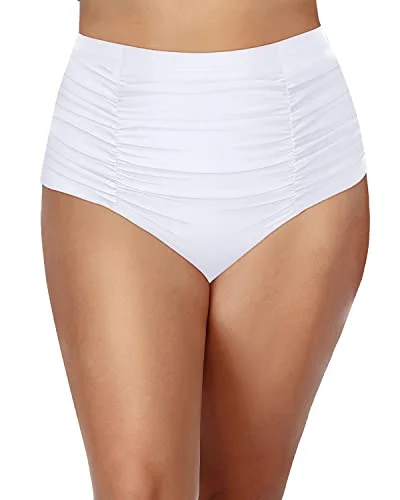 Flattering Shirred Tankini Bottoms High Waist For Women-White Strap Bikini Set