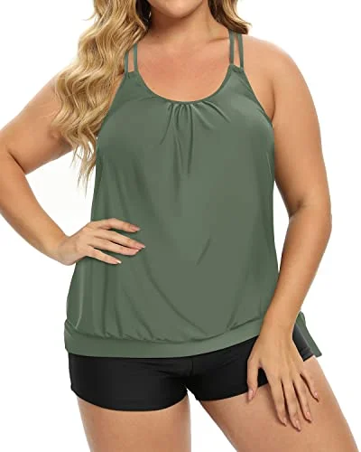 Blouson Tankini Top With Boy Shorts Plus Size Two Piece Swimsuit For Women-Olive Green Push-Up Bikini Bottoms