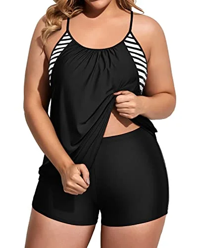 Women Plus Size Two Piece Tankini Set Swimsuits Tummy Control Bathing Suits-Black Stripe Plunge Back Swimsuit