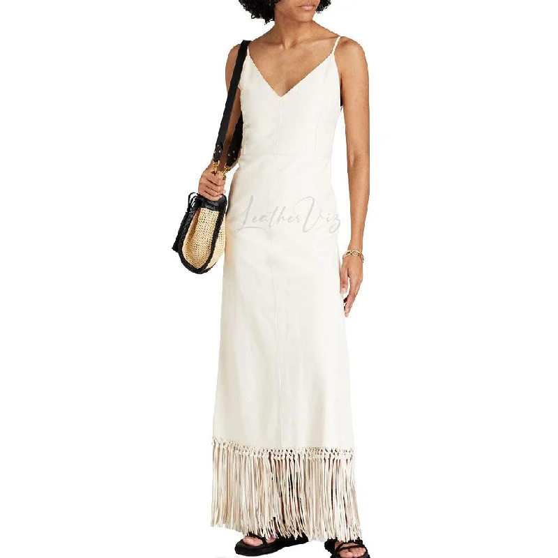 Women's Valentine's Day Fringed White Leather Maxi Dress Cozy Wrap Maxi Dress