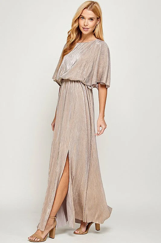 #: Worth The Wait Grey/Gold Cape Style Maxi Dress Comfortable Ruffle Maxi Dress