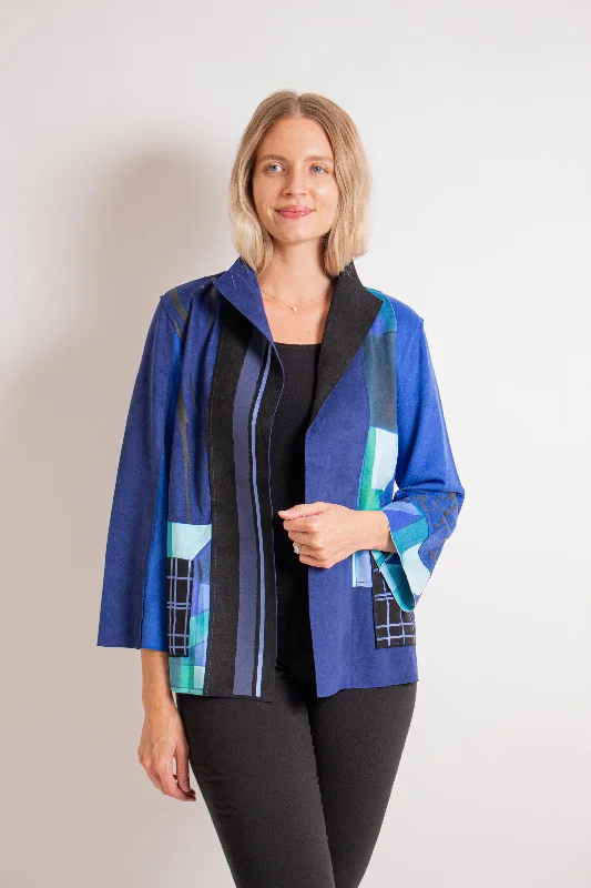 Blue Abstract Open Front Jacket Notch Collar Jacket Peter Pan Collar Jacket Cowl Neck Jacket