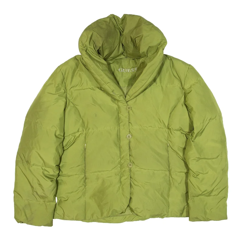 GUESS Insulated Puffer Jacket Green Womens L Zip Front Button Front Snap Front