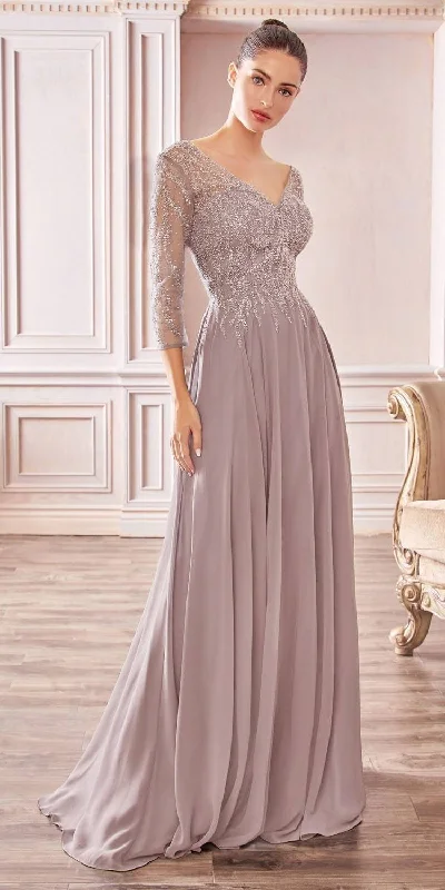 Cinderella Divine CD0171 Flowy Chiffon A-Line Gown 3/4 Length Sleeves