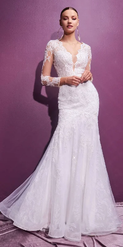 Cinderella Divine CD951W Lace Mermaid Gown With Long Illusion Sleeves