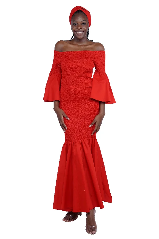 Red Long Smocked Mermaid/Fish Tail Dress