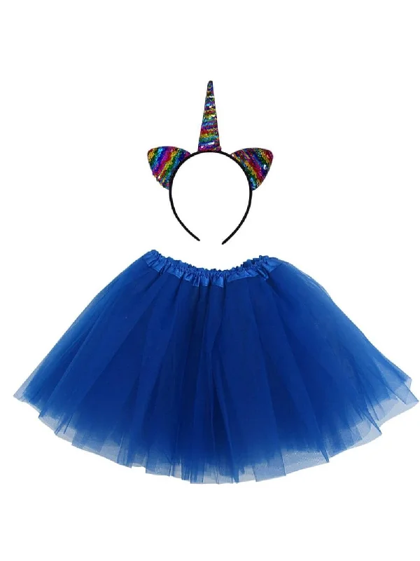 Adult Rainbow Royal Blue Unicorn Costume - Tutu Skirt & Flip Sequin Headband Horn Set for Adult or Plus Size spandex blend skirt