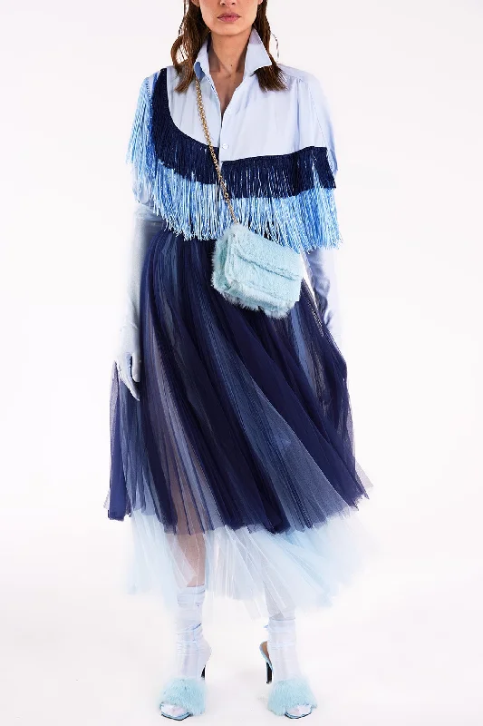 Asymmetrical fringed shirt with pleated tulle skirt midi skirt versatile