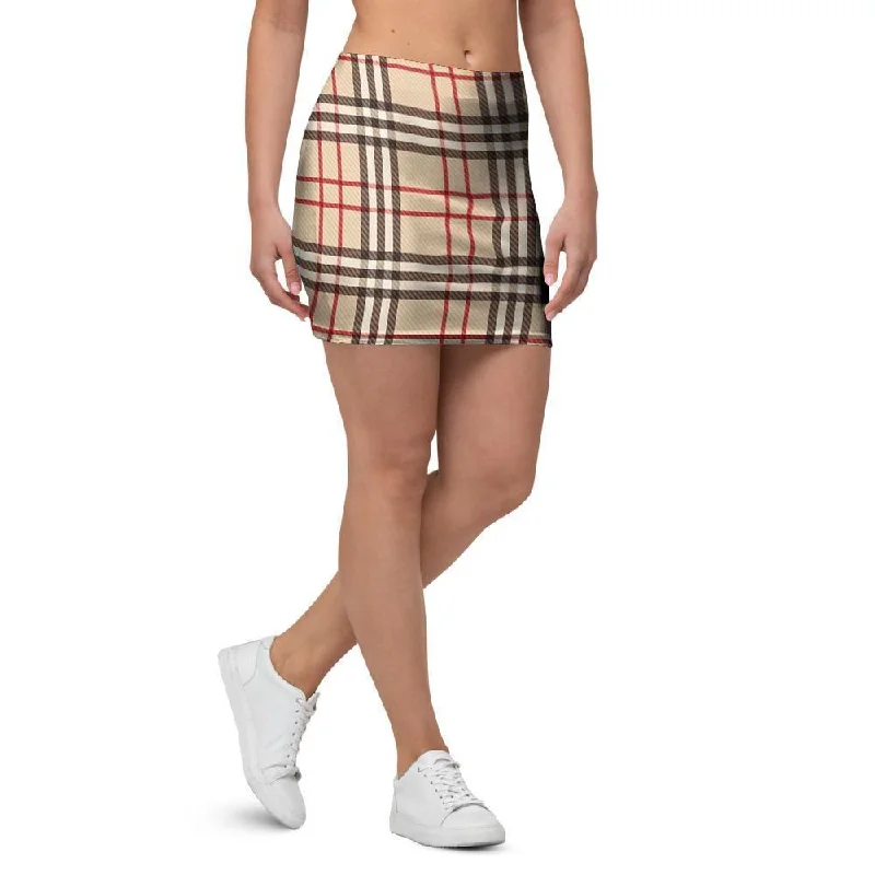 Beige Plaid Tartan Mini Skirt satin skirt smooth