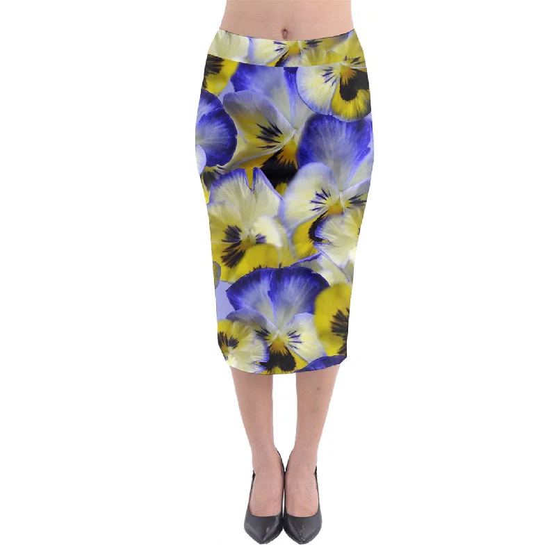 Blue and Yellow Pansies Midi Pencil Skirt boho skirt vibe