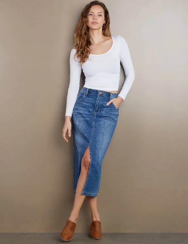 Daily Slit Denim Midi Skirt low waist skirt