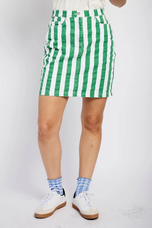 Denim Stretch Skirt in Green Stripe button skirt front