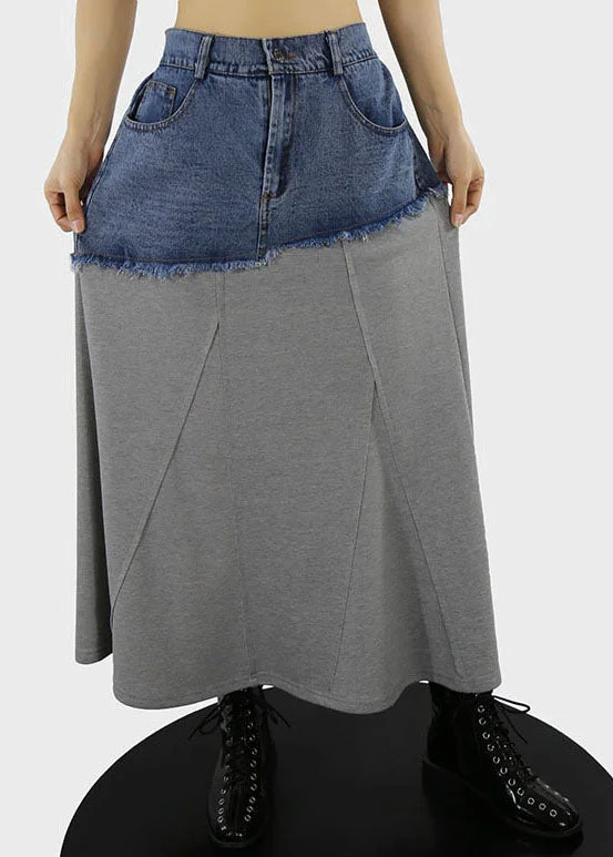 Grey A Line Skirts Denim Patchwork Button Spring zip skirt side