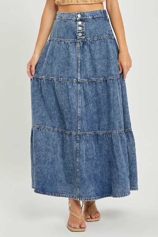 High Rise Tiered Long Denim Skirt 6128 lace skirt romantic