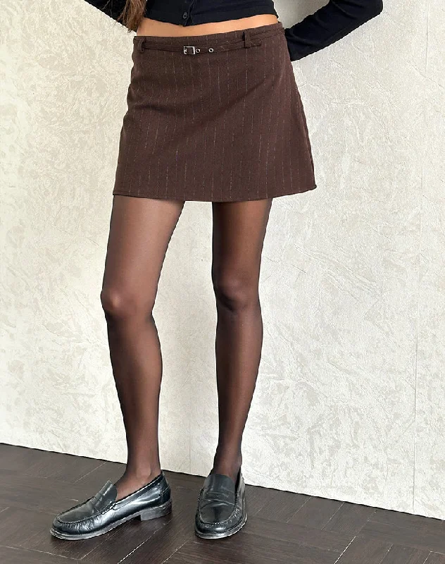 Kaimar Mini Skirt in Pinstripe Brown Tailoring pleated skirt texture