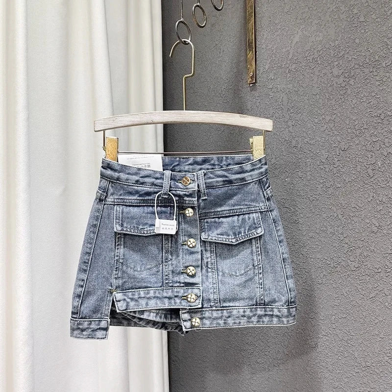 Single-breasted Mini Denim Skirt Women A-line Asymmetrical Skirts linen skirt light