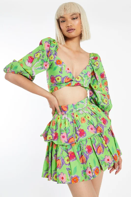 Neon-Green Floral Tiered Ruffle Mini-Skirt leather skirt sleek