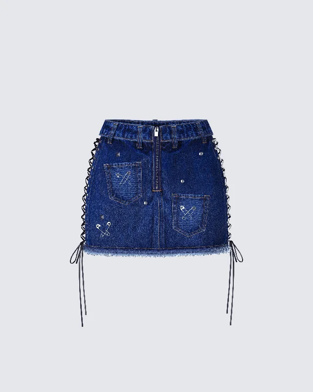 Maja Blue Denim Lace Up Micro Mini Skirt ribbed skirt waist