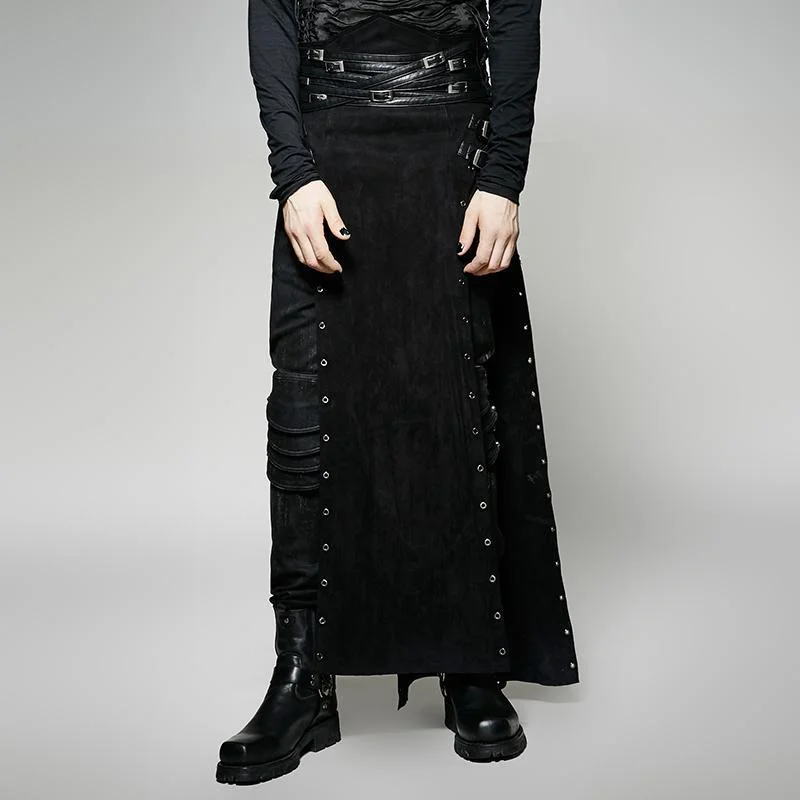 Men's Steampunk Buckle Up Side Slit Maxi Skirt tiered skirt playful