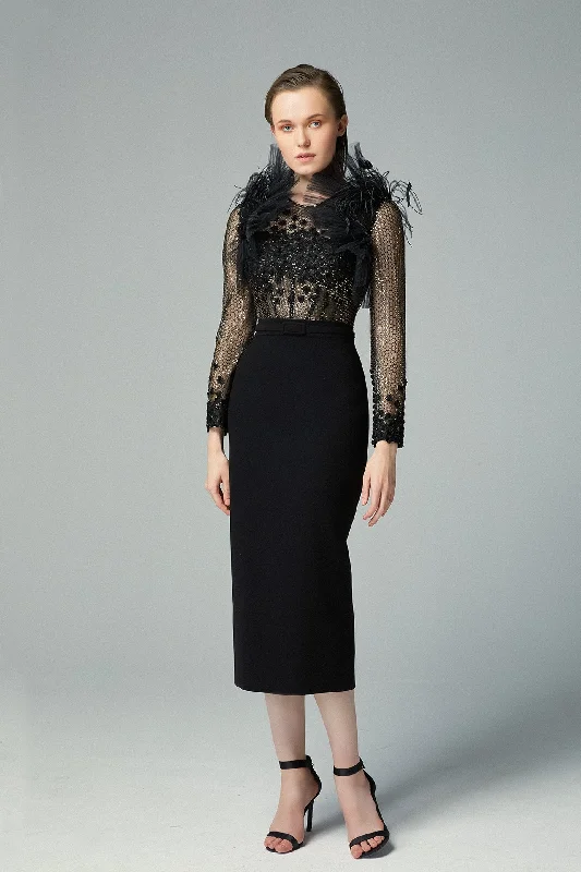 Mesh feathered top with midi skirt corduroy skirt textured