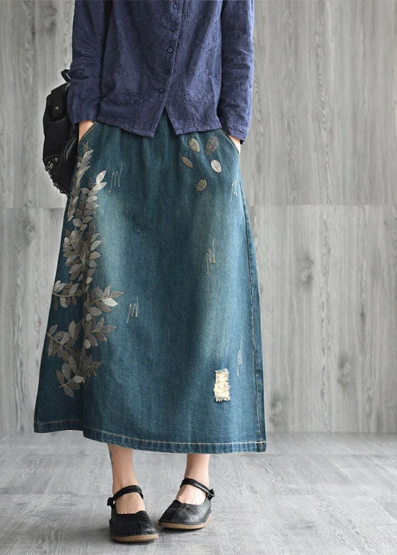 Natural Dark Blue pockets Embroideried Cotton denim Skirts Spring relaxed fit skirt