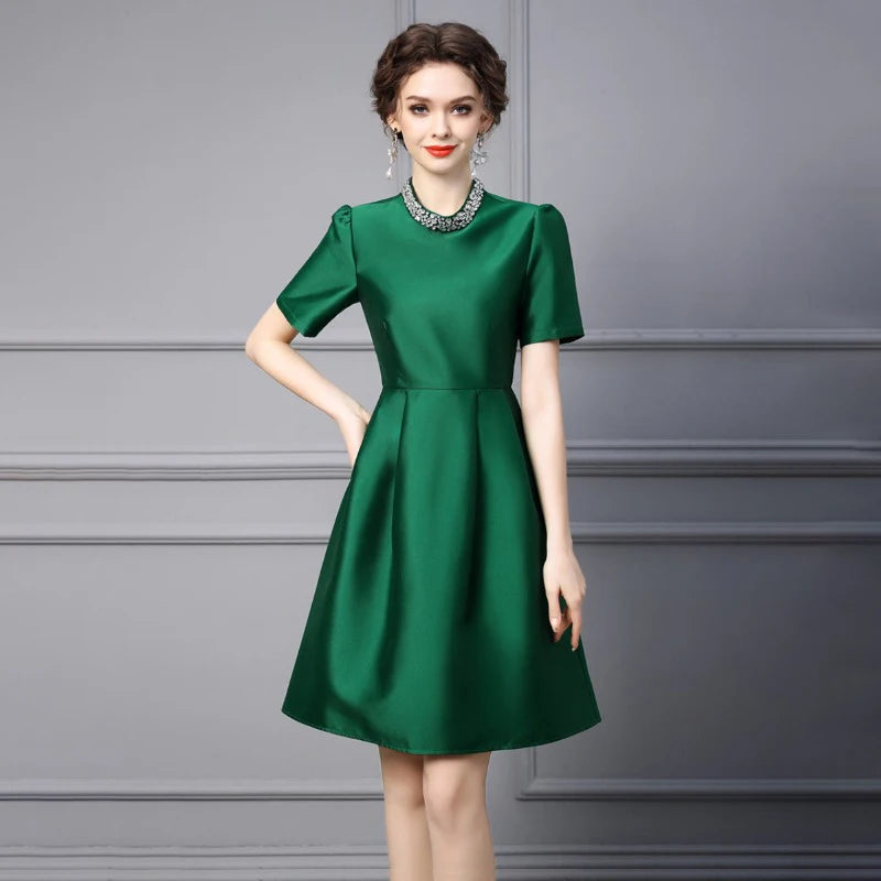 New Summer Style Goddess Bubble Sleeves Green Slim Fit A-line Skirt corduroy skirt textured