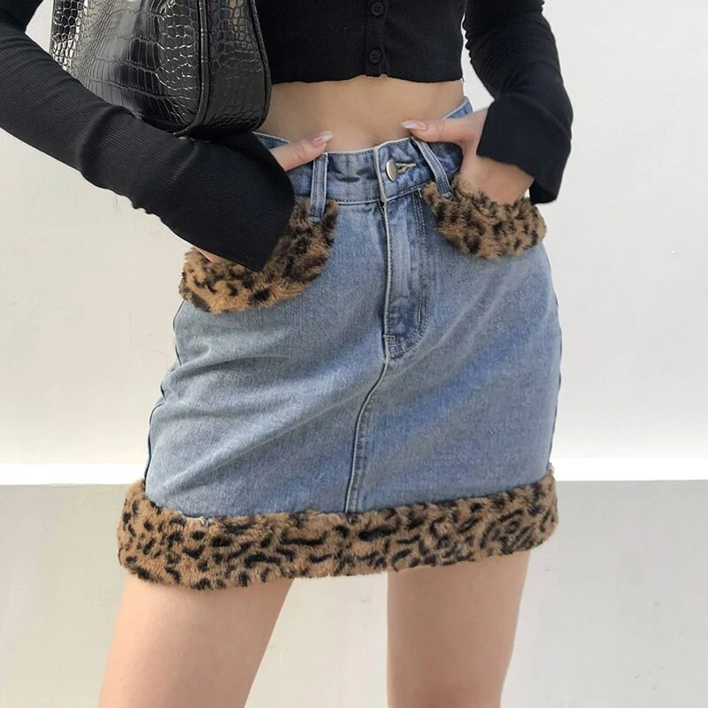 Patchwork Furry Leopard High Waist Jeans Skirt Women Casual Mini Skirt velvet skirt luxurious