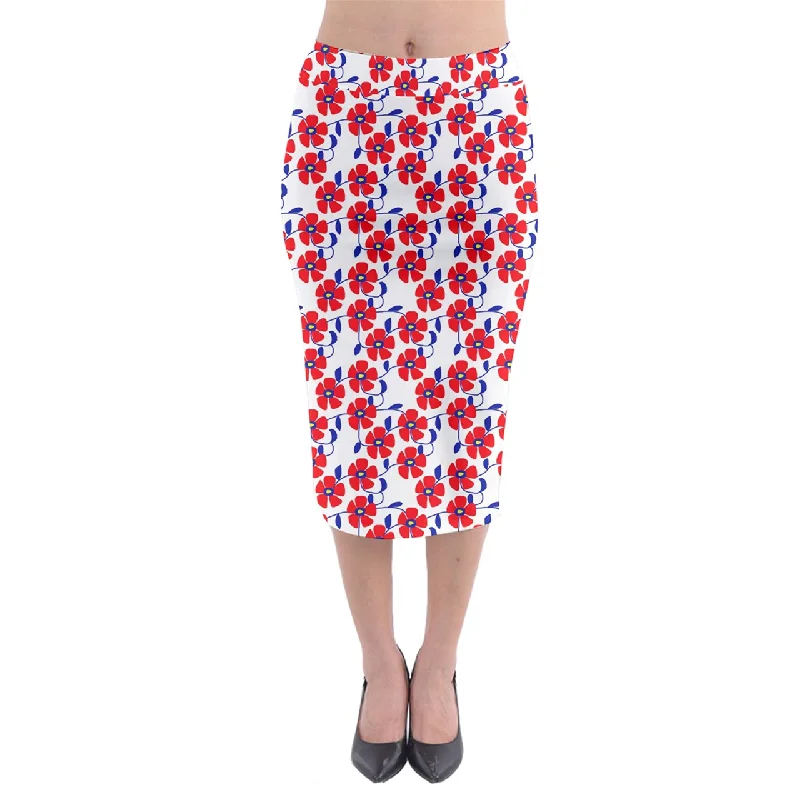 Red Flowers Blue Vines Midi Pencil Skirt mini skirt trendy